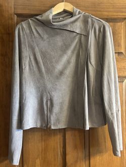 Soft Suede Moto Jacket in Taupe Asymmetrical Zip Draped Collar