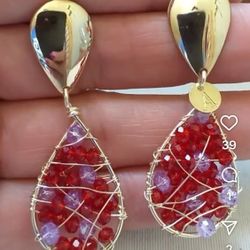 Red and Purple Bead Earrings, Handmade featuring 14k gold-plated metal drops