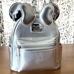 EXCLUSIVE DROP: Loungefly Disney Parks Disney100 Platinum Celebration Minnie Mouse Mini Backpack Silver Lounge Fly