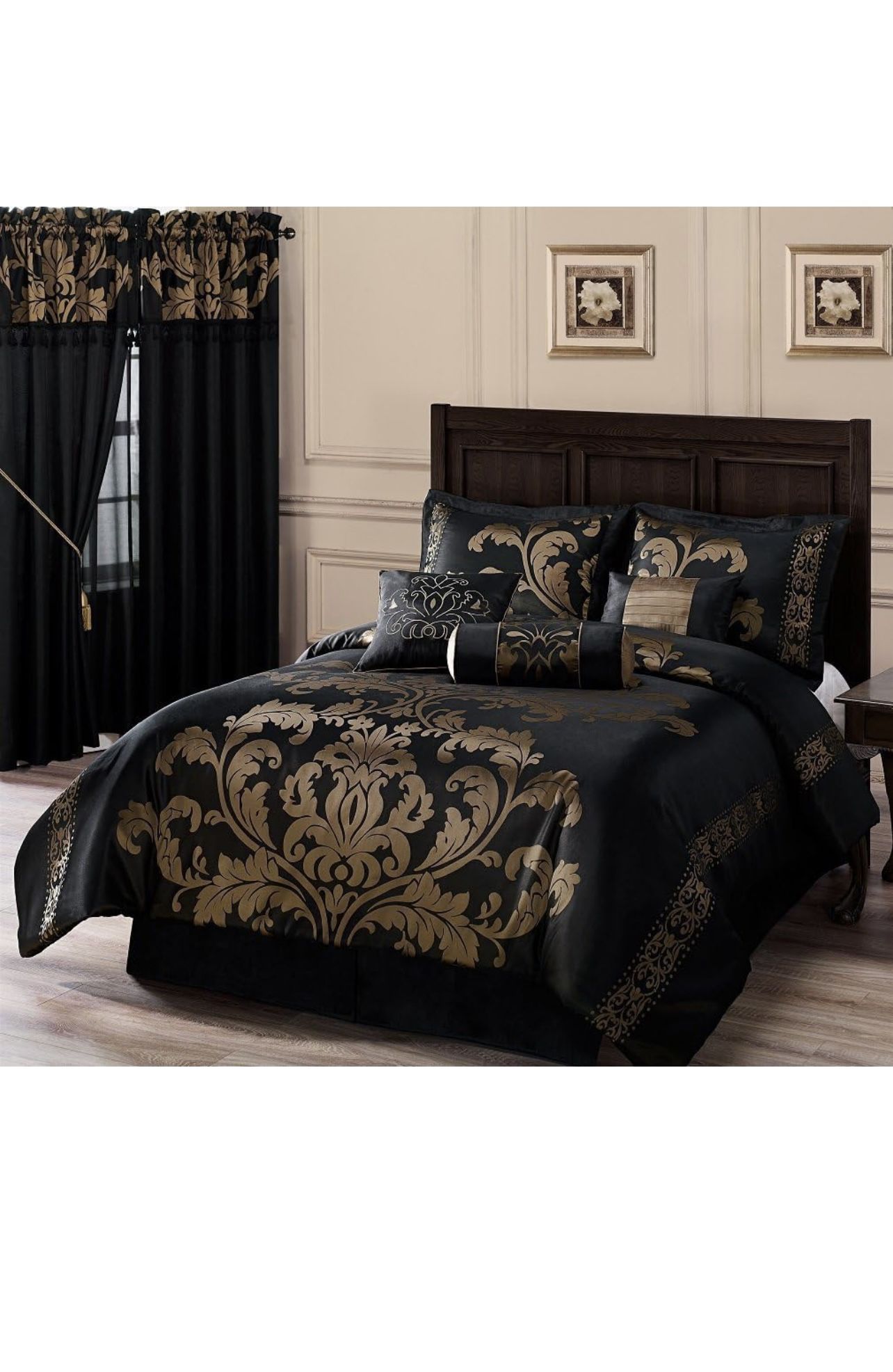 Chezmoi Collection 7-Piece Jacquard Floral Comforter Set/Bed-in-a-Bag Set, King, Black Gold