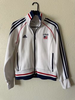 Adidas USA white track jacket with red & blue stripes on shoulders, sleeves, and hem, size M