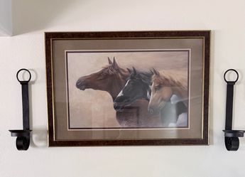 Framed Horse Wall Art with Matching Metal Wall Sconces – 3 Piece Set