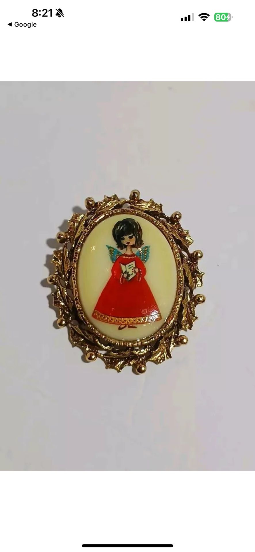 Vintage Oval Goldtone Hollyleaf Red Dress Brunette Choir Angel Girl Brooch Pin
