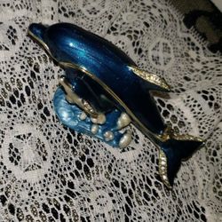VINTAGE ENAMELED CRYSTAL JEWELED BLING DOLPHIN STORAGE KNICKKNACK TRINKET JEWELRY BOX 