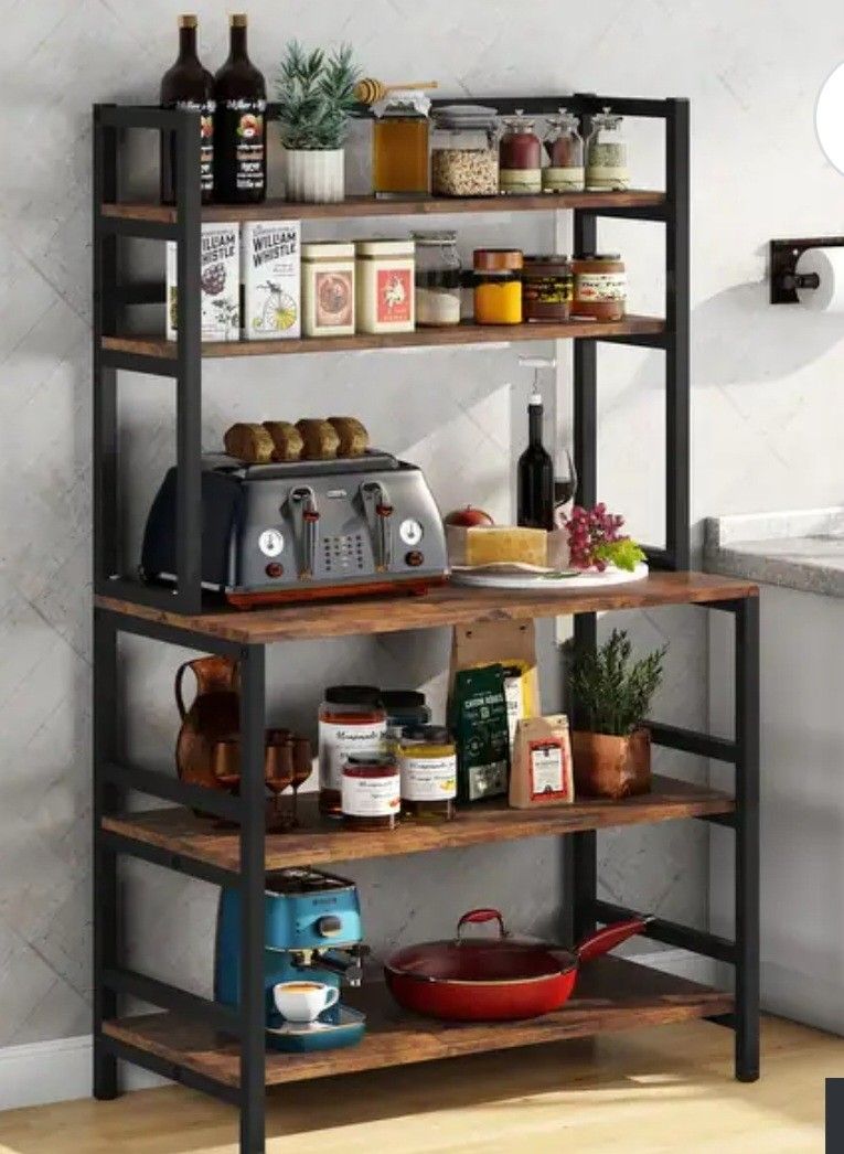 5-Tier Kitchen Bakers Rack Utility Storage Shelf Microwave Oven Stand, Industrial Microwave Cart Kitchen Stand with Hutch - Brown