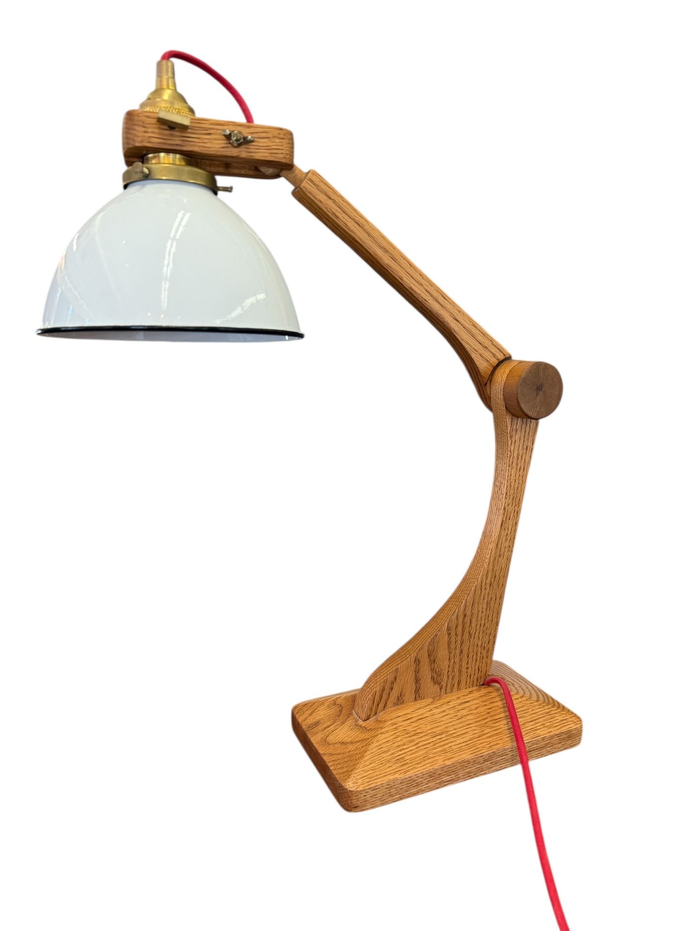 Vintage Handmade Oak Wood Adjustable Desk Lamp White Enamel Shade with Brass Finished Fittings