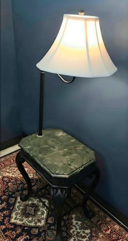 Vintage Green Marble Top Accent Table with Integrated Floor Lamp Wrought Iron