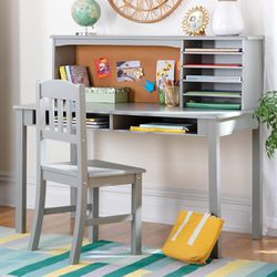 Wooden Student's Study Computer  Desk and Chair Set – Gray color，with Hutch and Storage Shelves