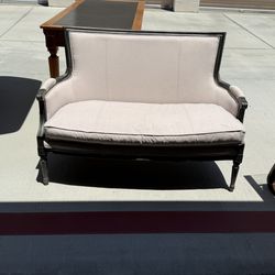 Elegant French-Style Upholstered Settee with Distressed Charcoal Frame