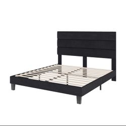 Alti Modern Queen Size Bed Frame with Linen Upholstered Headboard,Black