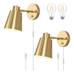 VATONI Adjustable Angle Wall Lights with Plug in Cord and Dimmer On/Off Knob Switch, Gold Wall Mounted Light for Bedroom Bedside Stairway(2 Pack, 2 Bu