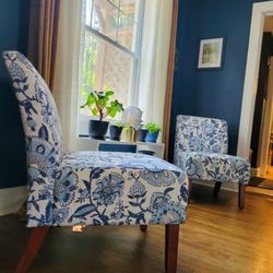 Armless Accent Chairs - Blue Paisley Fabric
