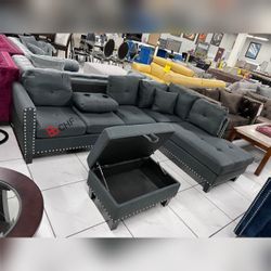 Reversible Sectional Sofa with Cupholder, and Storage Ottoman
