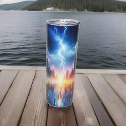 Thunderstorm City Skyline 20oz Skinny Stainless Steel Tumbler Insulated Handmade