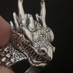 Mens 925 Silver Dragon Face Ring - Size 12