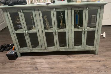 Large green distressed glass cabinet
