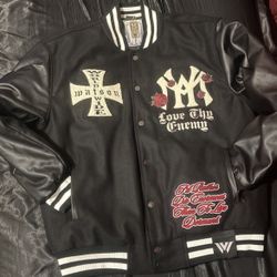 Watson Love Thy Enemy Varsity Jacket Black Wool Leather Sleeves Rose Embroidery