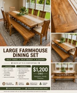 Large Farmhouse Dining Set | 94.5” Table, Bench & 6 Chairs