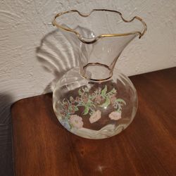 Vintage Fenton Clear Glass Vase  Hand Painted Flowers