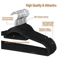 Velvet Flocked Hangers 100 Pack Non Slip Black Clothes Suit Hangers Hook Swivel 360 Ultra Thin(100pc