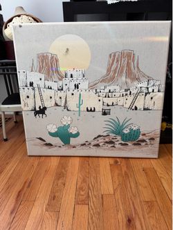 Vintage triptych screenprint DeJean Desert Pueblo Canvas Wall Art  Accent home decor