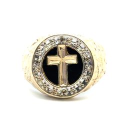 Men’s 10k Yellow Gold Nugget Cross Ring With Black Stone Size 11 GP3113444