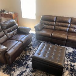  Brown Faux Leather Reclining Living Room Couch Set with Ottoman