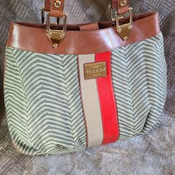 L.A.M.B. Center Patent Leather Stripes Canvas Large Shoulder Bag