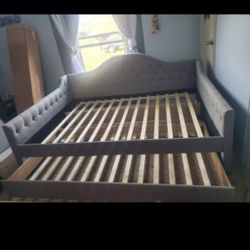 Upholstered Full-Twin Daybed with Trundle, Sofa Daybed with Backrest & Armrests, Space-Saving