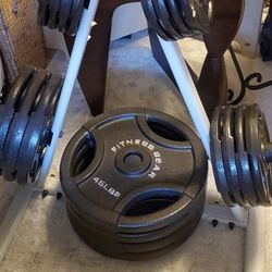 BARBELL W/335 LBS & WEIGHT RACK