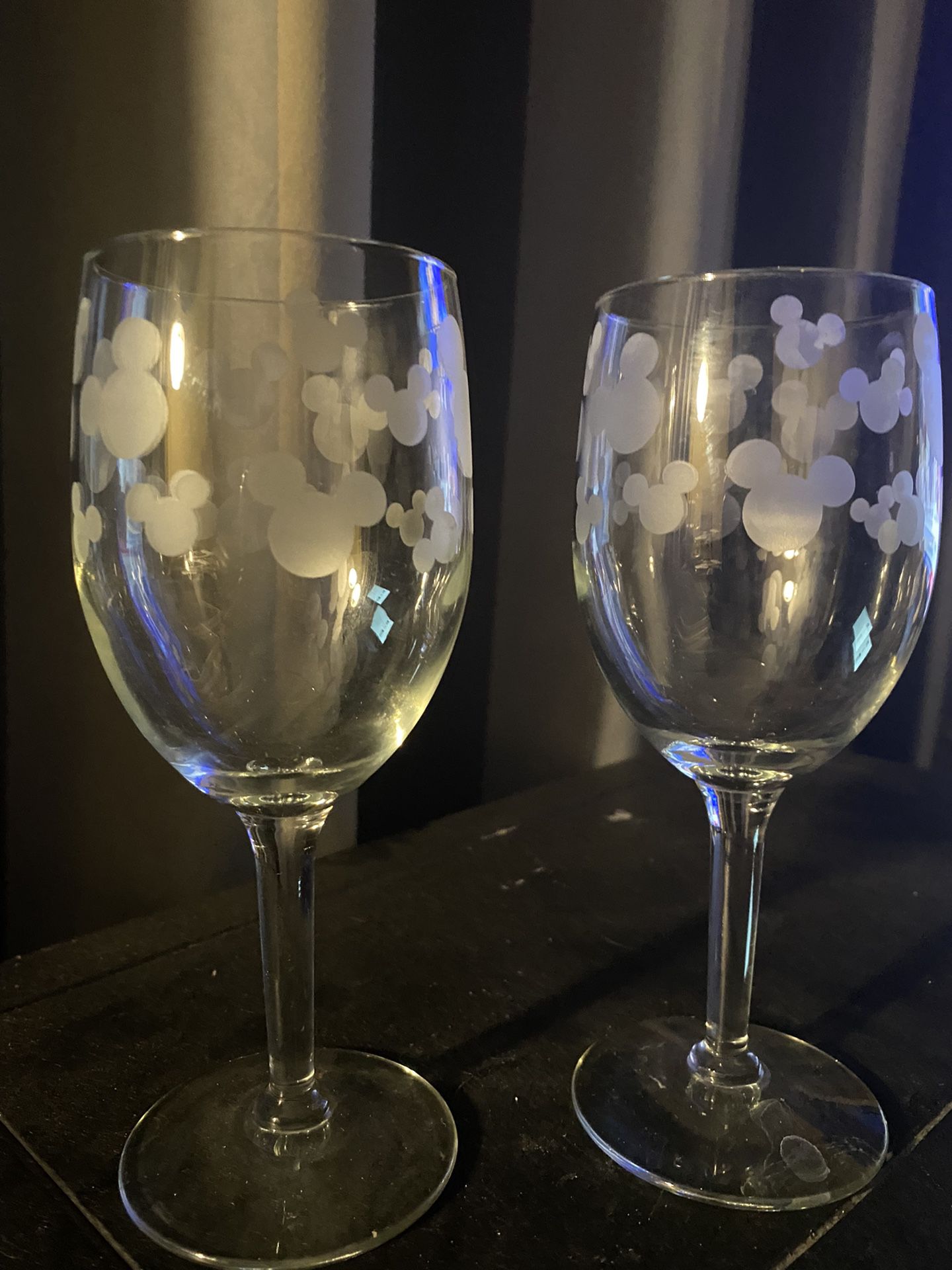 Disney Mickey Mouse head and ears frosted Etched wine glasses