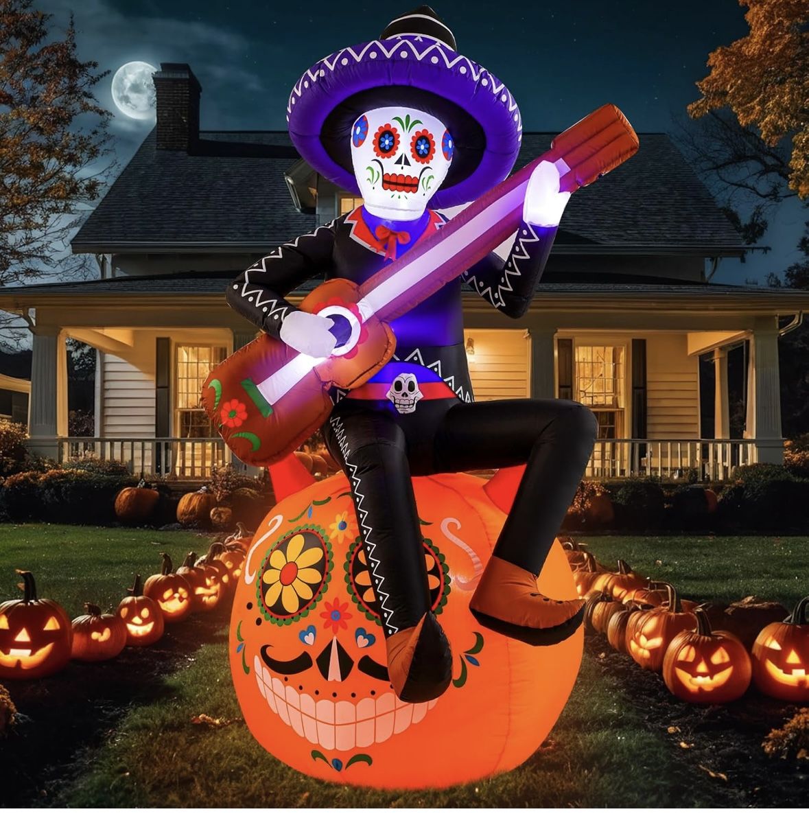 NEW Halloween Inflatable Pumpkin Sugar Skull, Skeleton Guitarist 5.9 FT