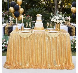 BUNDLE: 9 Gold Sequin Tablecloth 60x102 inch Sparkly Rectangle Glitter Table Linen Wedding Sequin Tablecloths