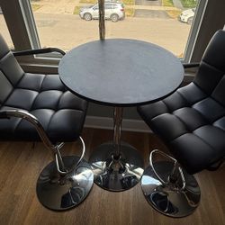 Black Leather High Bar Chairs And Table Set