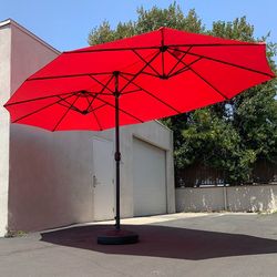 (NEW) $130 Large 15FT Double Sided Outdoor Umbrella w/ 65 LBS Plastic Weight Base (Red/Gray)