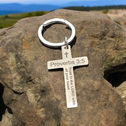 NEW Trust in the Lord Proverbs Bible Stainless Steel Cross Keychain Bag Charm