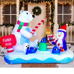 6 FT Long Christmas Inflatable Polar Bear Decoration, Blow Up Yard Decoration Fishing Hole Sign with Build-in LEDs

