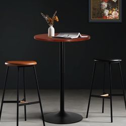 Round Bar Table Adjustable Height, Black Leg and Base Pub Table 360° Swivel Suitable for Living Room Dining Room Bistro Cafe, 23.5" Diameter Red Wood 
