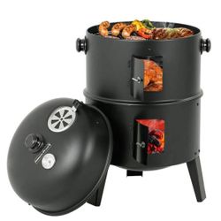 Vertical 16 in. Steel Charcoal Smoker, Heavy-Duty Round BBQ Grill for Outdoor Cooking in Black F-16