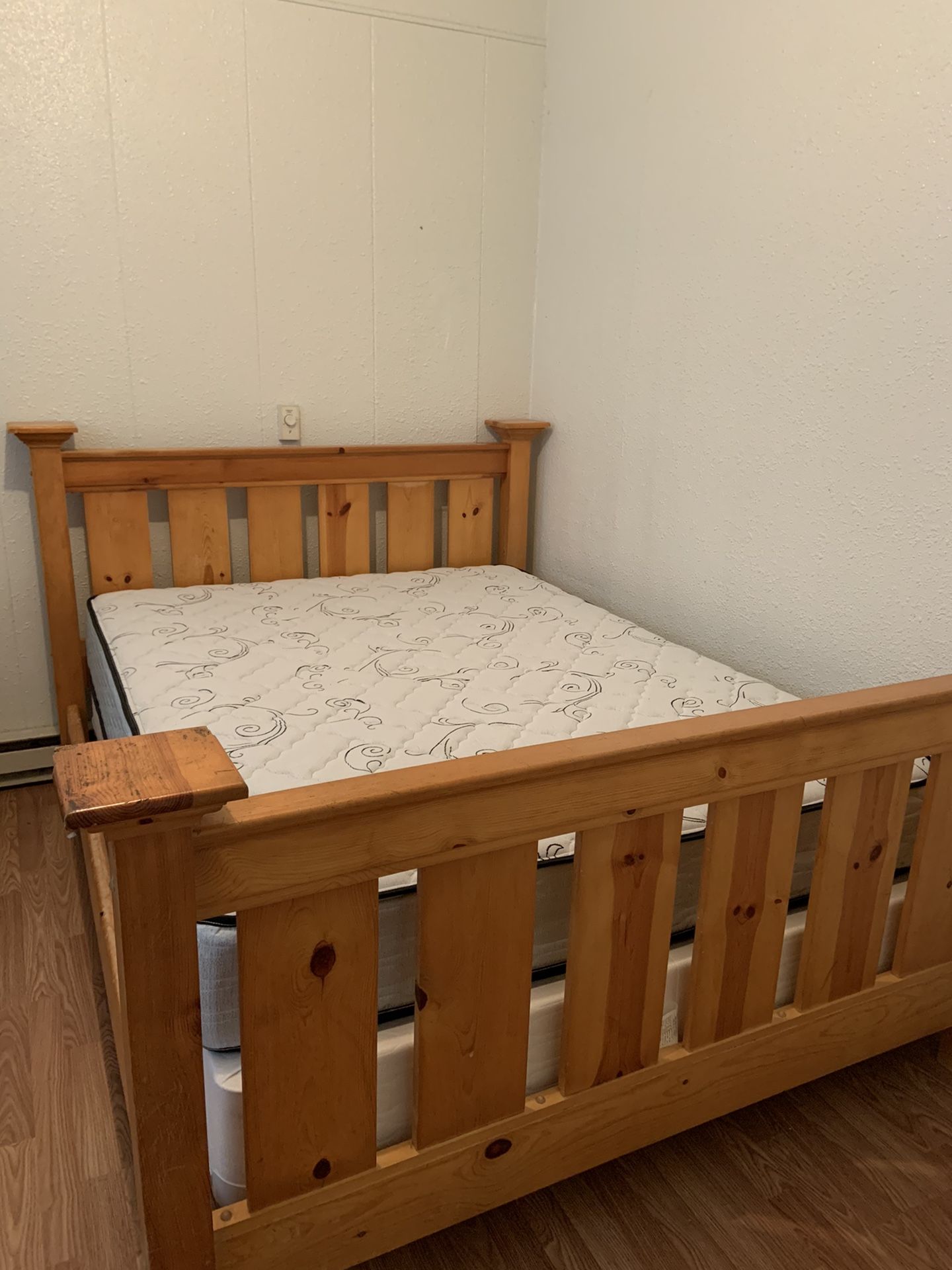 Queen bed frame, mattress and box spring