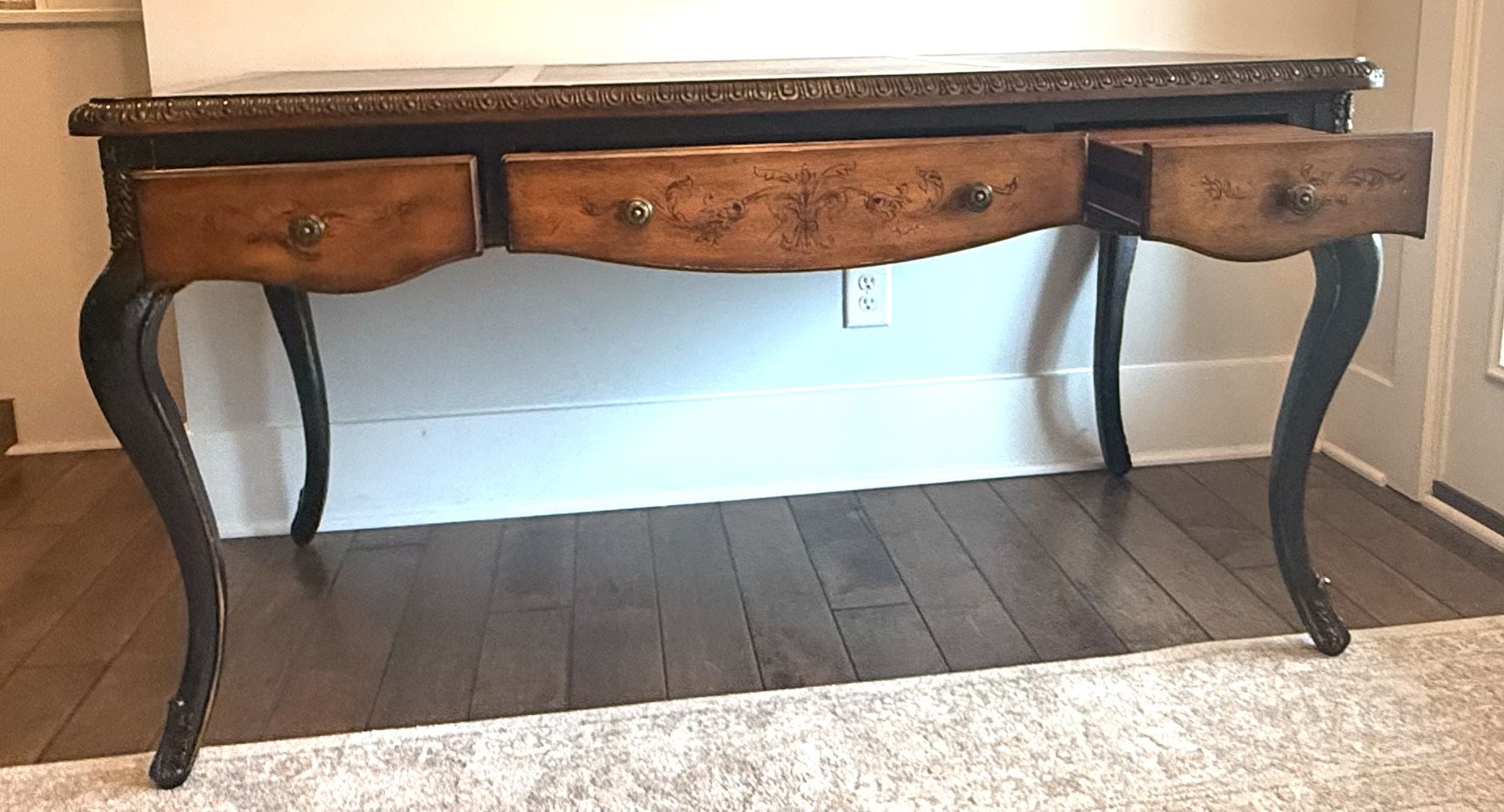 Luxury Leather-Top Carved Executive Desk w/ Cord Management