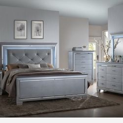 Lillian Silver LED Upholestered Bedroom Set ( Queen, king, twin, full bedroom set - bed frame- tall dresser, nightstand and chest, mattress options