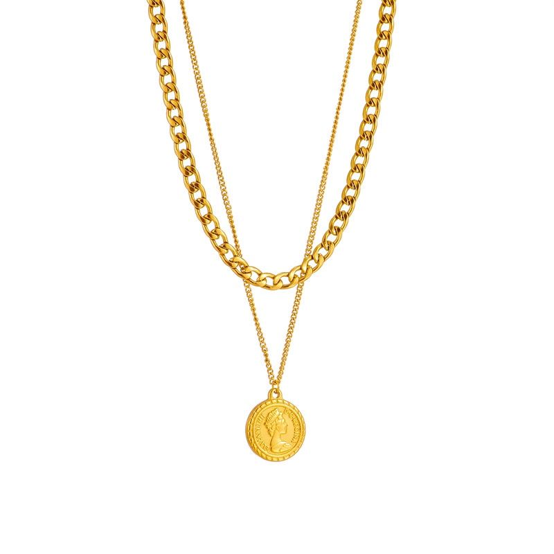 Fashion double-layer chain Queen's portrait circular pendant accessories, high-end retro necklaces, necklaces