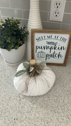 Farmhouse Fall White Fabric Pumpkin Halloween 7.5” D x 6.5” H -CHANDLER (COOPER & OCOTILLO) PICK UP ONLY