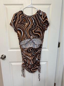 Swirl Print Cutout Ruched Dress - Brown Black Cream (large)