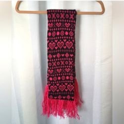 Black and Pink Heart Design Scarf with Tassels
