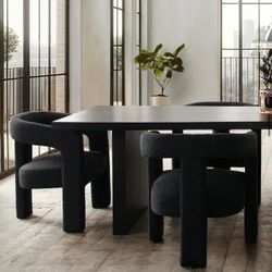 Modern Black Boucle Dining Chair - Black Teddy Sherpa Dining Chair - Boucle Accent Chair