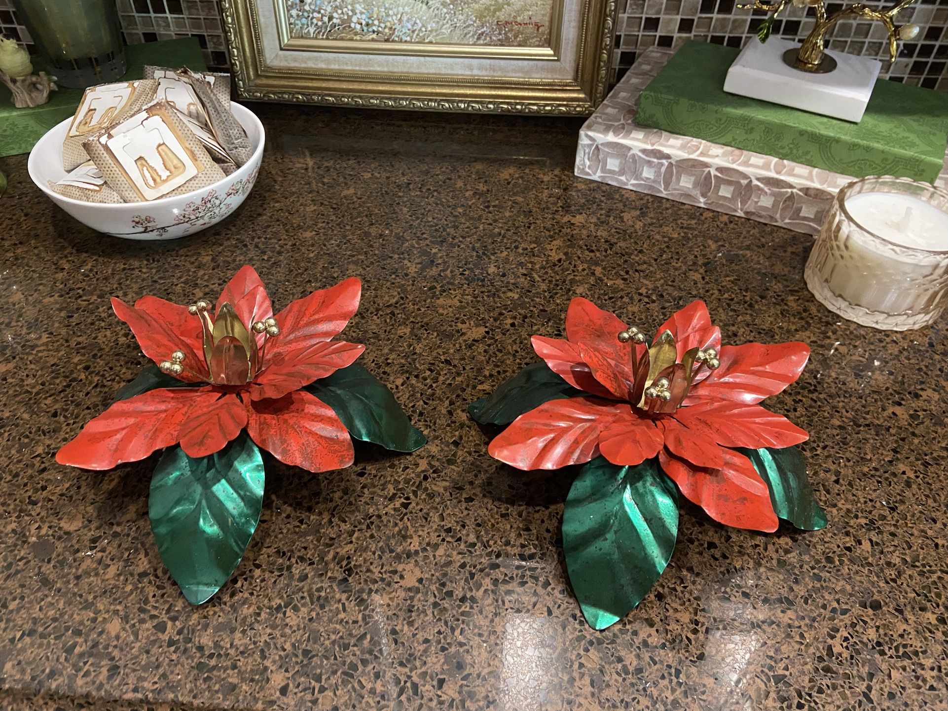 Spectacular Set Of Vintage Poinsettia Taper Candle Holders In Box