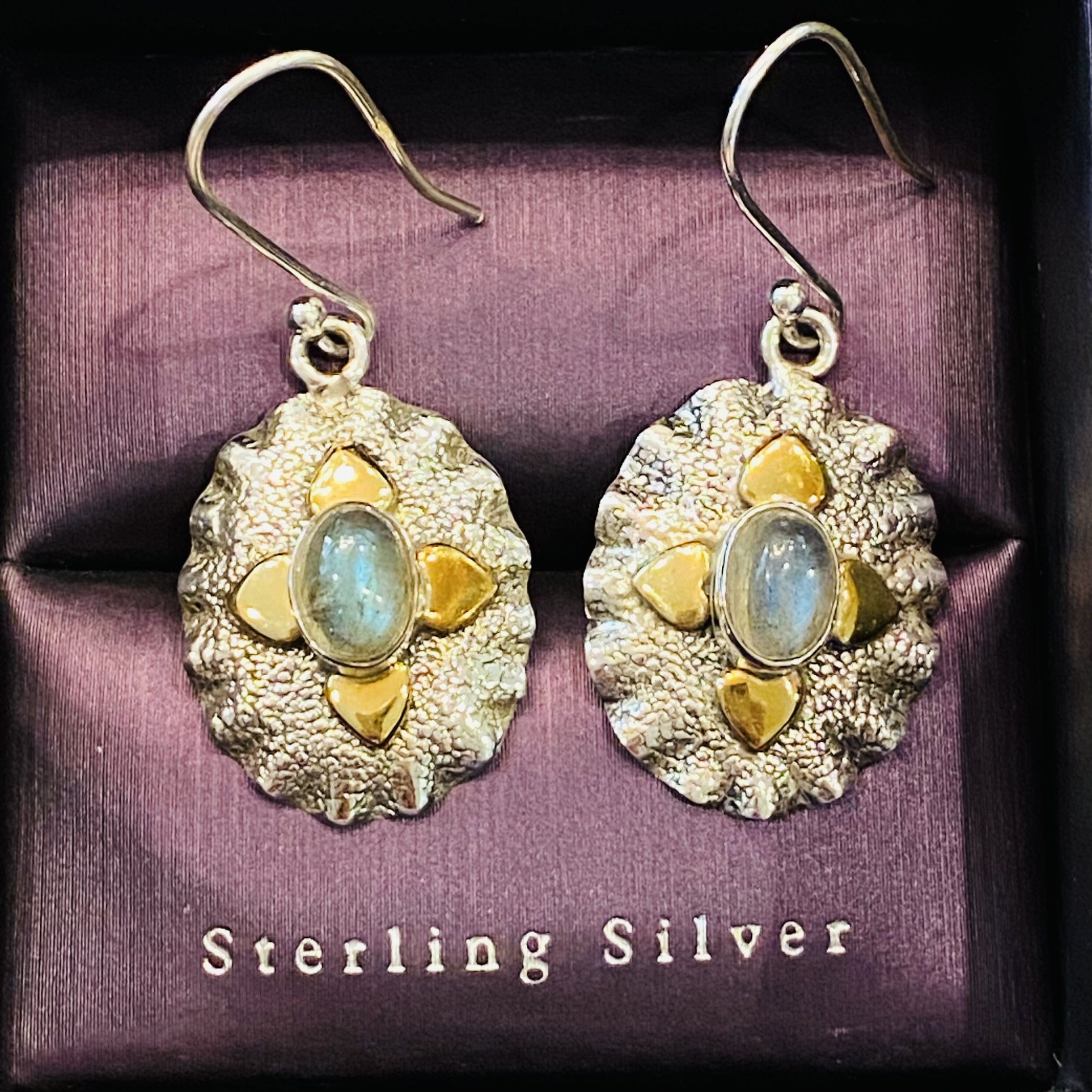 Solid 925 Sterling Silver 3.29cts Labradorite Two Tone Heart Wavy Earrings