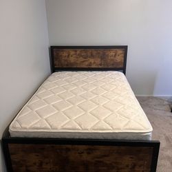 Full Size Industrial Metal and Wood Bed Frame with Mattress